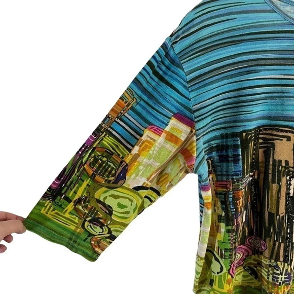 Take Two Abstract Townscape Blouse 1X Beaded Sequins Colorful Stripe 100% Cotton - Picture 3 of 9
